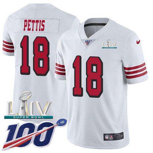 San Francisco 49ers Nike #18 Dante Pettis White Super Bowl LIV 2020 Rush Youth Stitched NFL Limited 100th Season Jersey